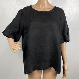 Allen Allen Black Linen Puff Sleeve Hi Low Top